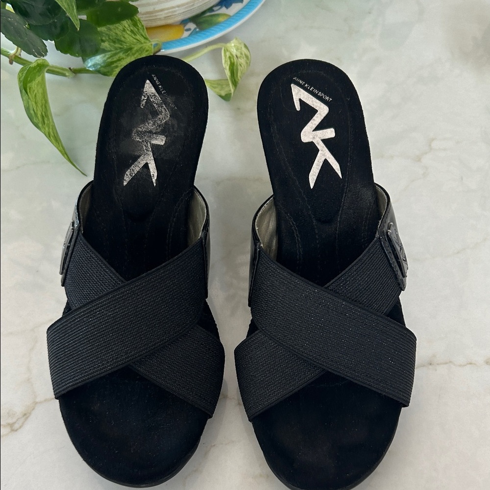Anne Klein Sport Black 3in Wedge Slip On Sandals‎ women’s 7.5